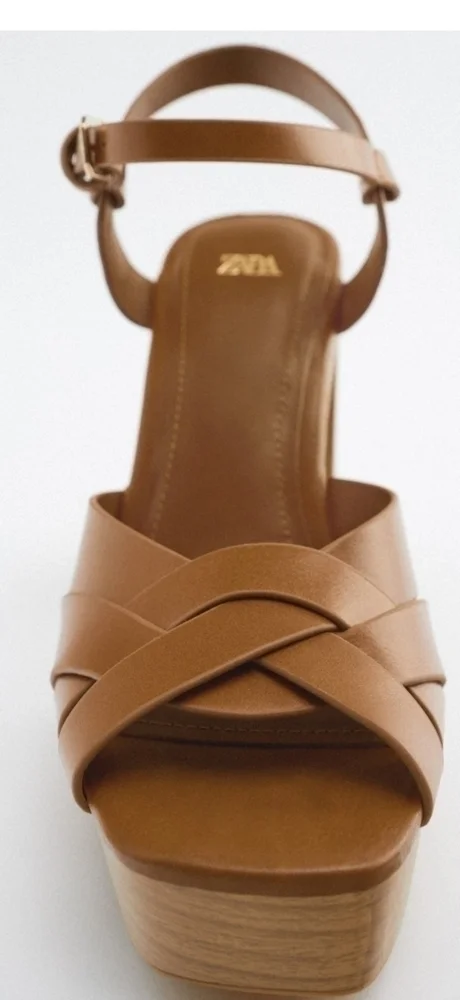 Zara Leather Platform block Wooded heel Crossed Straps sandal Sz-10